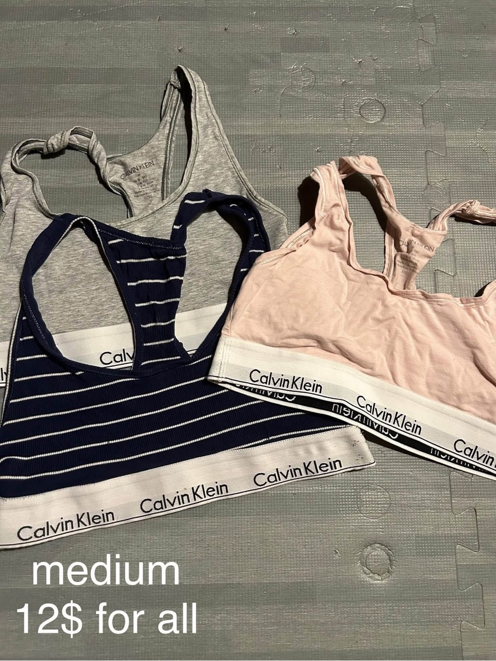 Calvin Klein Trio Racerback Bralettes - Gray, Navy Stripe, Blush Pink